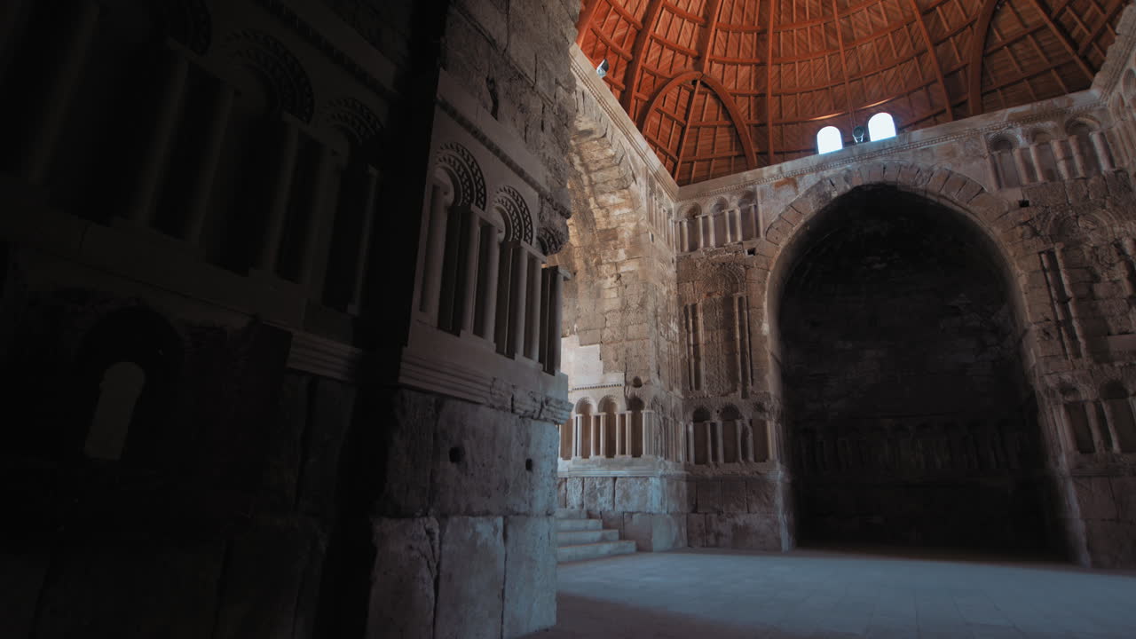 Umayyad Palace at Jabal Al Qal'a, the Citadel of Amman, Jordan. wide shot, Umayyad palace entrance and hall from inside. 4K footage
