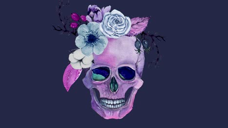 halloween-animation mit aquarell-schädel, blumen, zierdekorationen im vintage-boho-stil. animation der nahtlosen schleife.