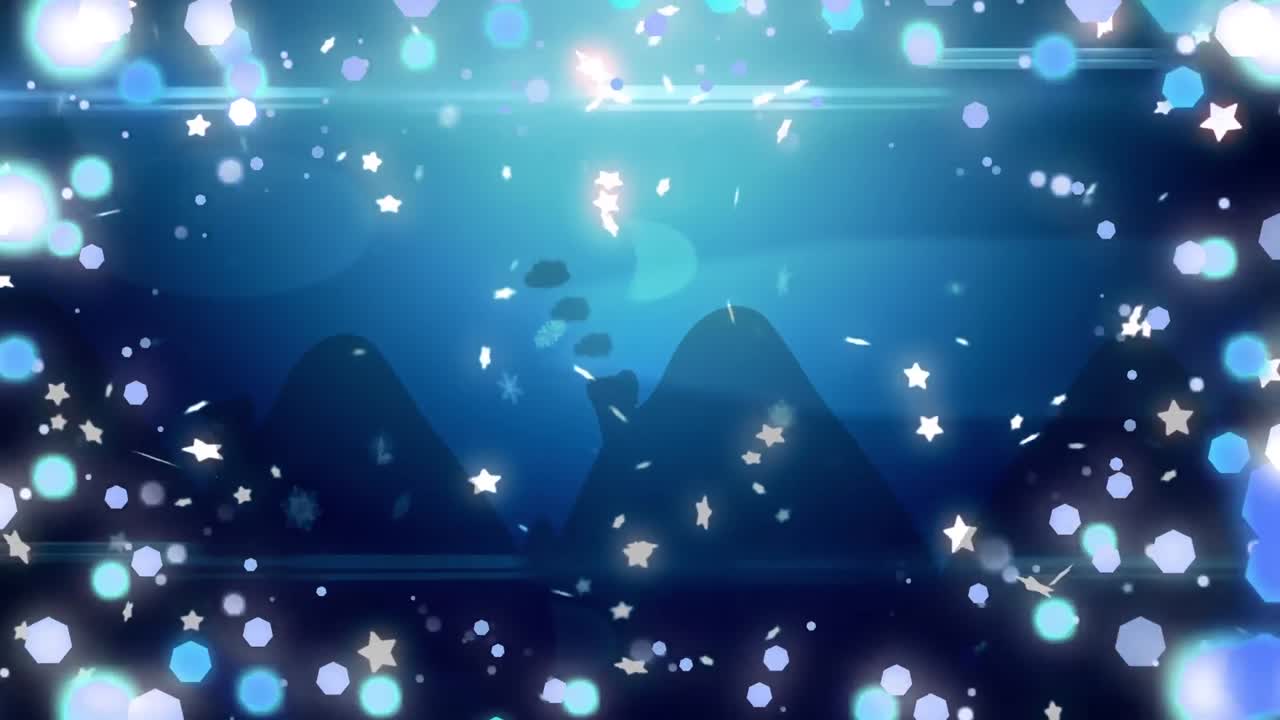 눈이 떨어지고 크리스마스 요정의 불빛이 파란색 배경의 집 위에 박이는 애니메이션