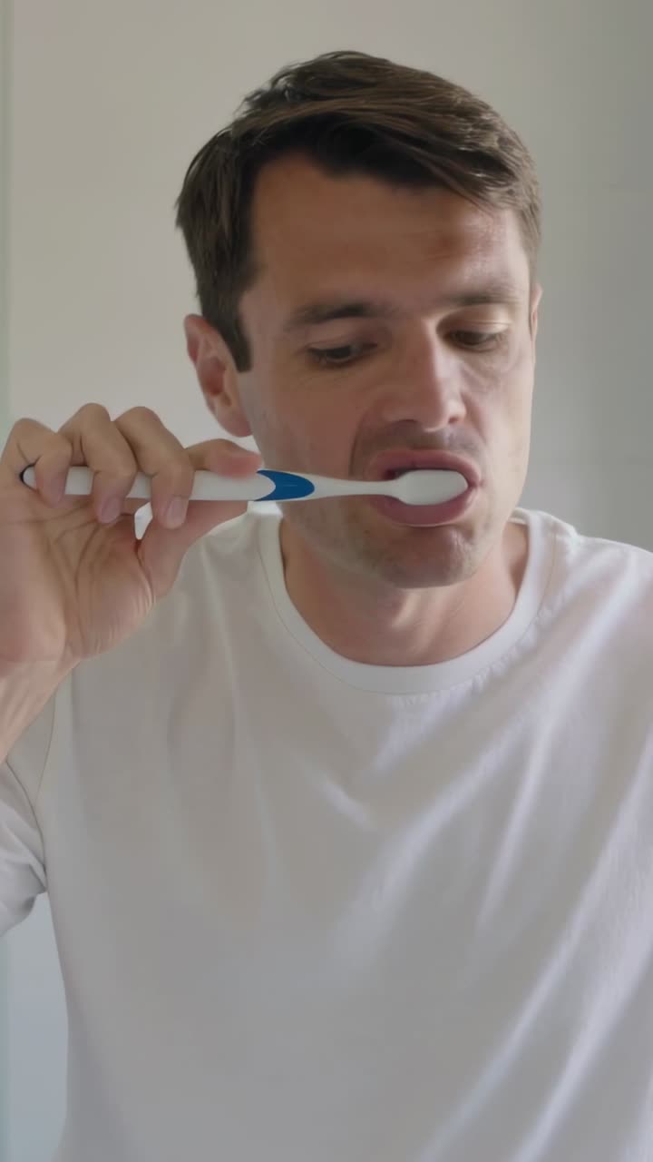 Vertical video: Brushing man in white tee in morning moving brush across teeth at mirror, with foam