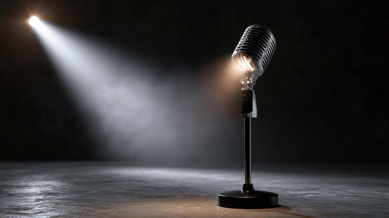 A Classic Stage Microphone Illuminated by Spotlight: Capturing the Essence of Music and Performance Art in a Dramatic Lighting Setting