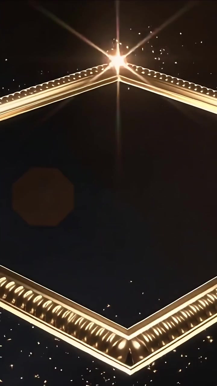 Video verticale: Angoli luminosi che formano una cornice a diamante dorata nel vuoto per rivelare un bordo perlato e bagliori