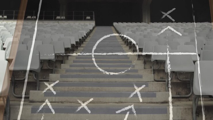 Animation of drawing of game plan over empty stadium