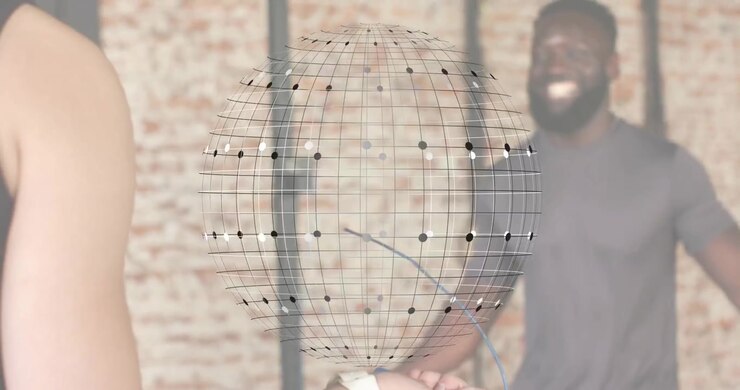 Woman swinging jump rope, initiating spinning 3D sphere while man matching rhythm for fitness
