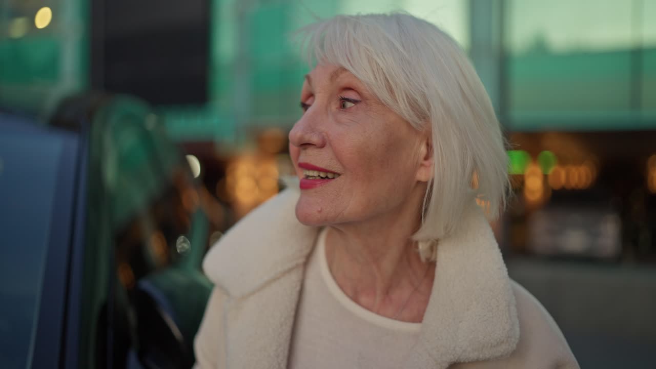 Donna anziana elegante vicino a un'auto di lusso