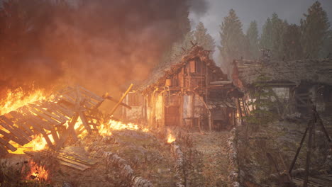 Burning-wooden-house-in-old-village