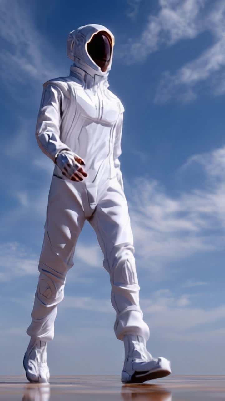 A futuristic astronaut in a sleek white suit explores an alien landscape under a vibrant sky, demonstrating advanced technology and human curiosity