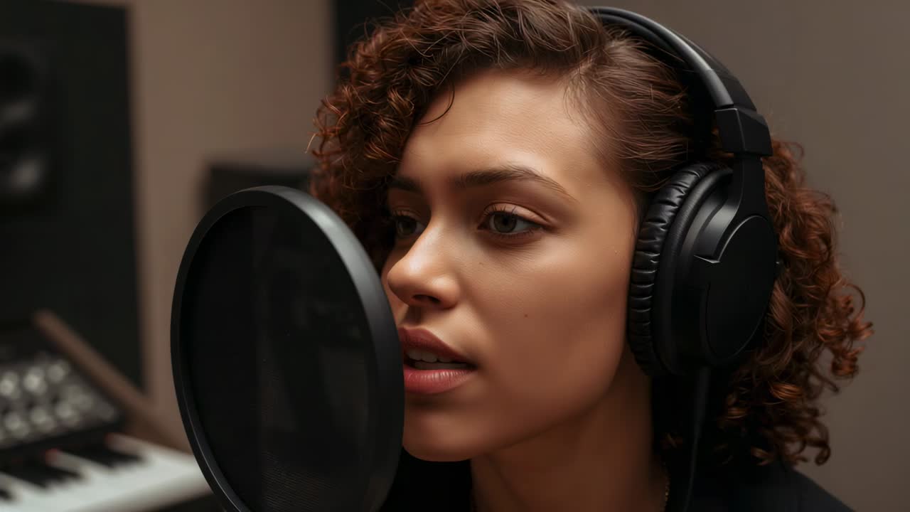 Starting take, singing adult woman vocalist shaping vowels into microphone with headphones in booth