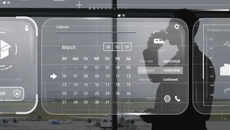 animación de datos en pantallas sobre hombre de negocios caucásico con teléfono inteligente
