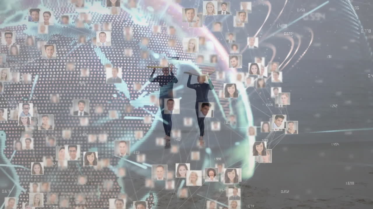 male and female surfers walking on sand with surfboard under social media globe with headshots