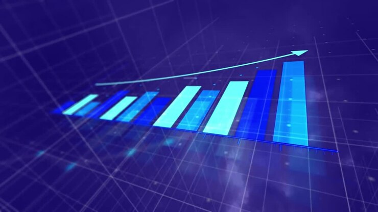 Animazione digitale di elaborazione dati statistici su rete a griglia, su sfondo blu.