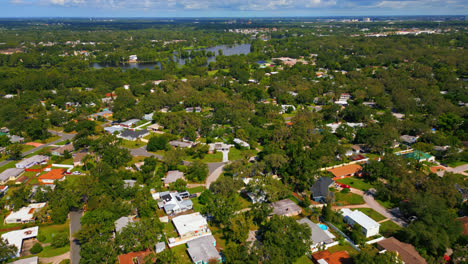 aerial over suburban homes and tree lined streets in tampa, florida on a sunny day, panoramic establishing