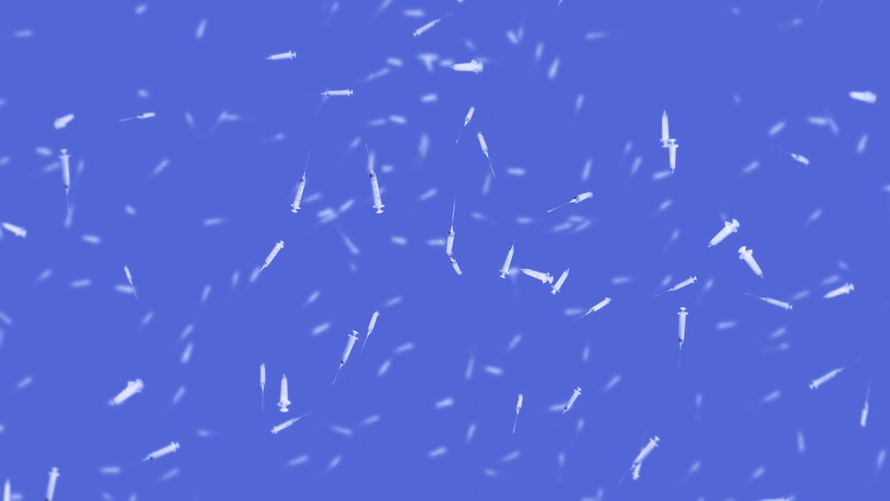 파란색 배경에 주사 할 수 있는 많은 주사기를 날리는 의료 개념 바이러스에 대한 백신 의료 치료 3d 루프 애니메이션