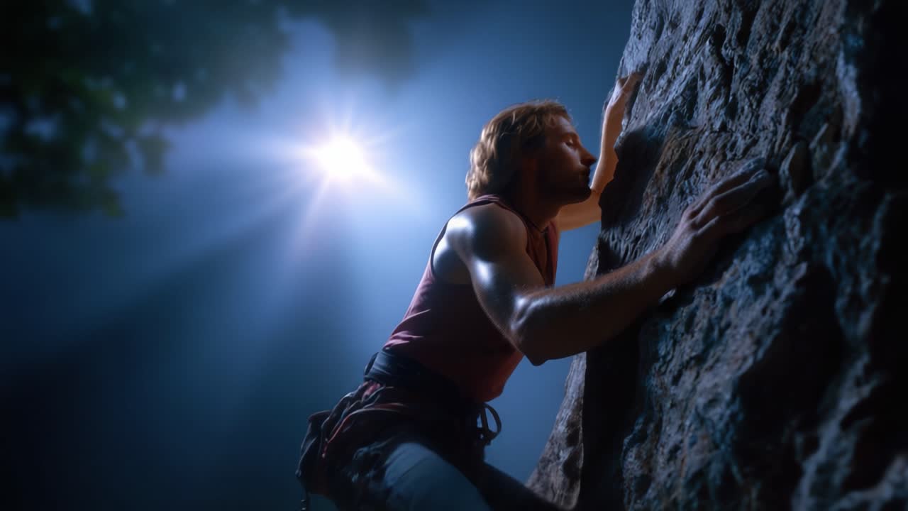A determined climber scaling a vertical rock face illuminated by a soft spotlight, showcasing strength, focus, and the beauty of outdoor climbing at night