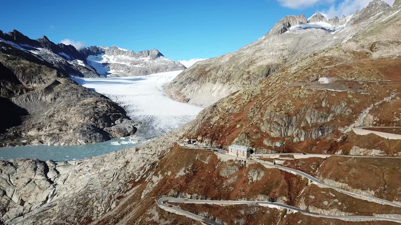 Aerial view of the Furkapass on the right and Rhône Glacier on its left side.