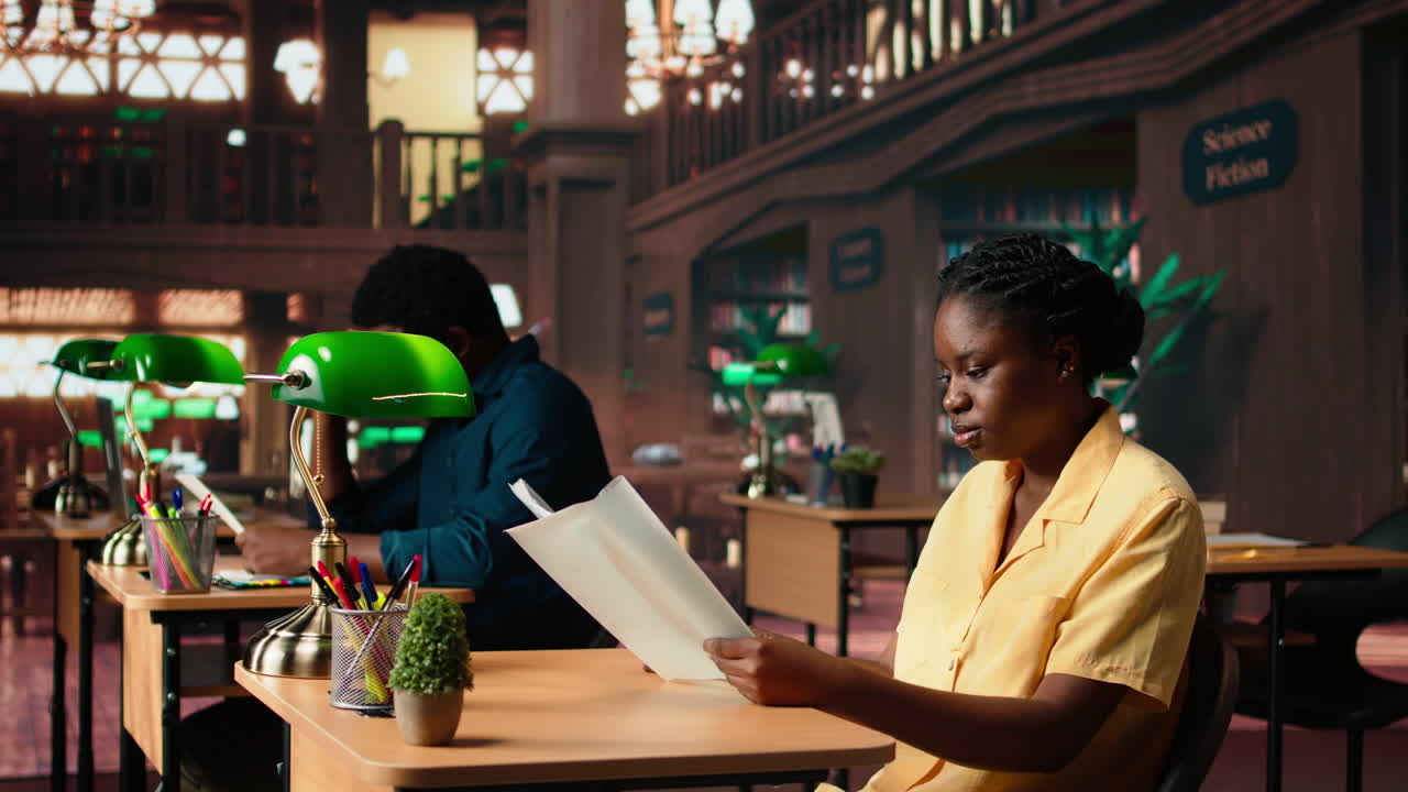 estudiante afroamericano concentrado se sienta en una biblioteca tranquila leyendo periódicos