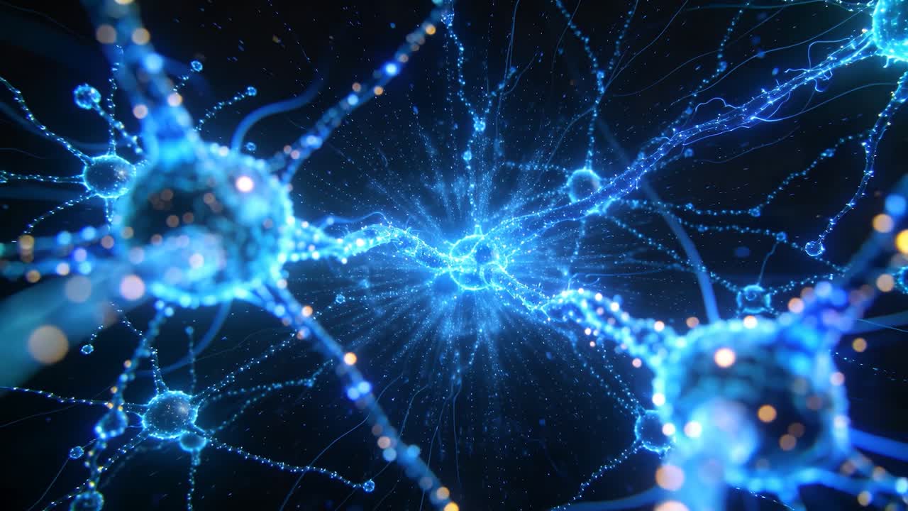 Camera pulling back revealing glowing nodes and bright hub in void, filaments transferring signals