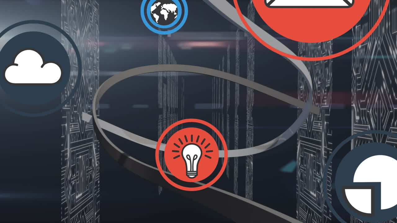 animación de iconos de medios sobre la sala del servidor