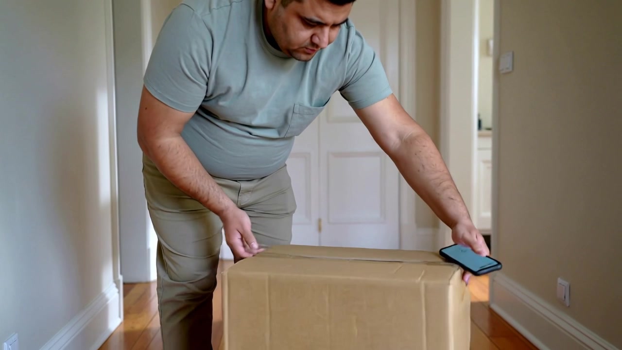 Hombre inclinado con camisa verde revisando el smartphone, colocando el teléfono sobre una caja sellada en el pasillo para abrirla.