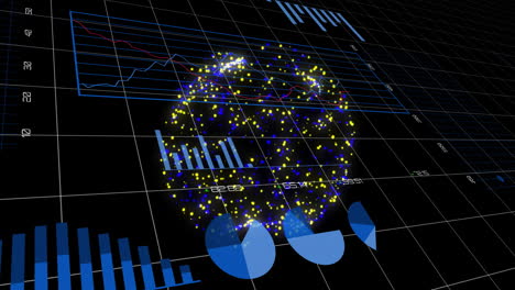 animación del procesamiento de datos financieros y globo con conexiones sobre fondo negro