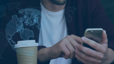 using smartphone, person with coffee cup over world map animation