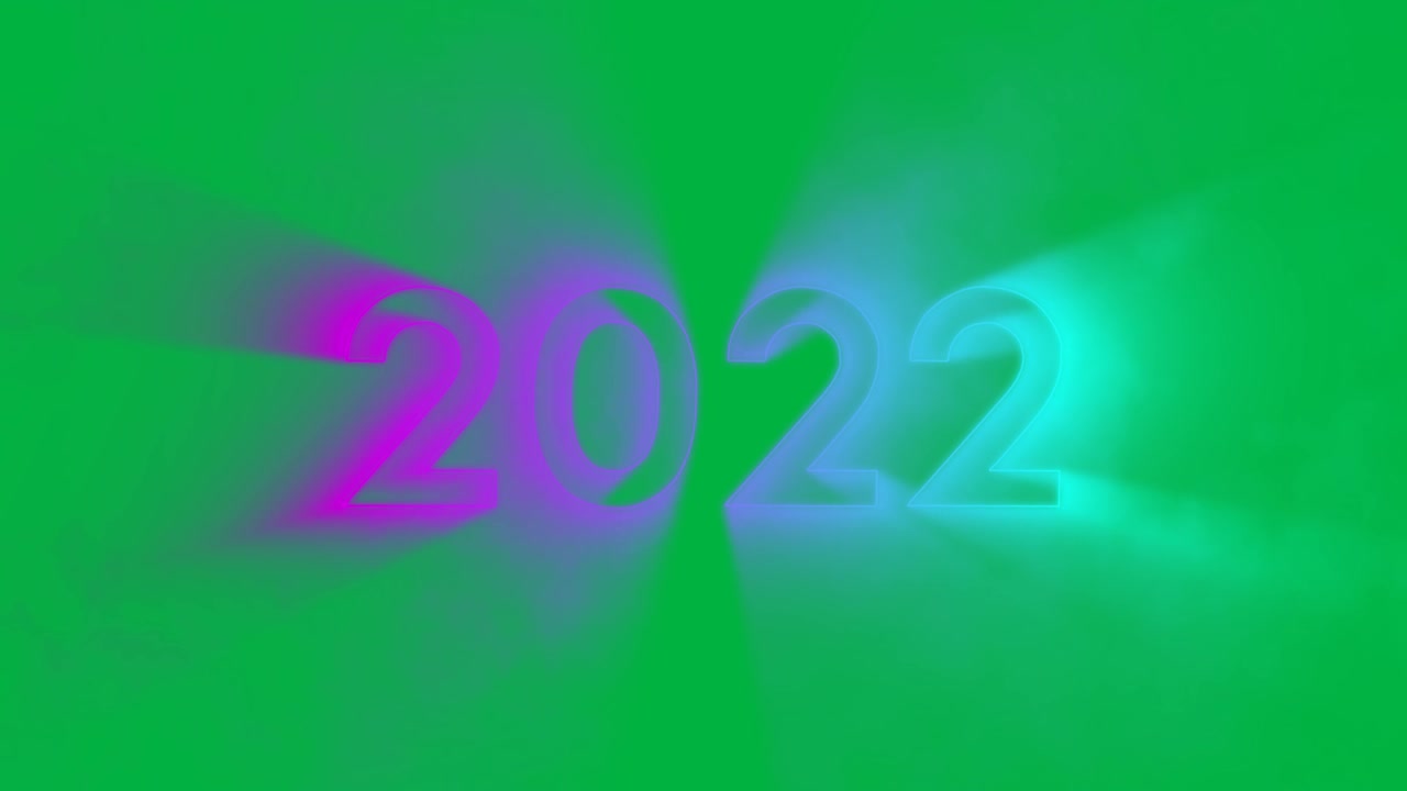 Animazione del testo "2022" con lettere al neon rosa e verdi su sfondo bianco