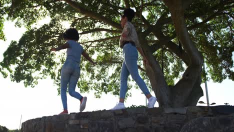 Dos-Mujeres-De-Raza-Mixta-Caminando-Sobre-La-Pared-En-El-Parque