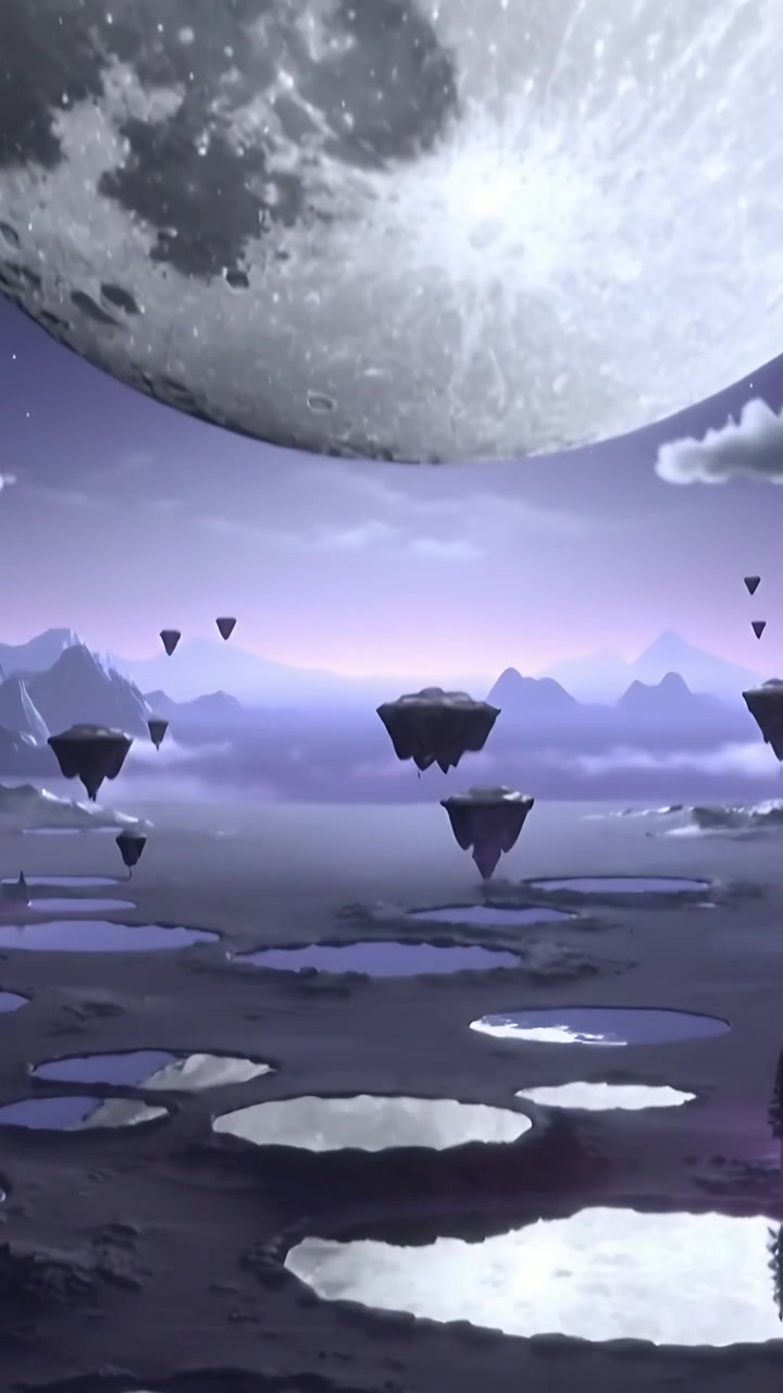 Vertical video: Pulling back camera revealing large moon rising over purple plain, floating islands