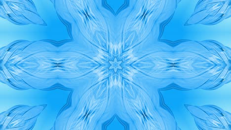3d looped animation, an abstract background with blue ribbons twisting and forming stars or snowflakes as with a kaleidoscopic effect. 4k seamless footage with luma matte as alpha channel. 54