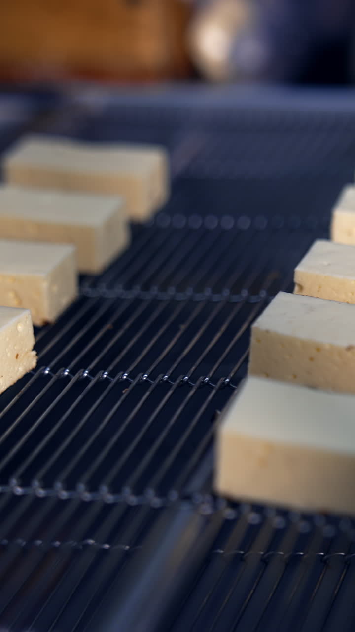 White creamy sweets being laid on the conveyor grate by the worker's hands in gloves. Candies move quickly on the conveyor to go under the next procedure. Close up. Vertical video