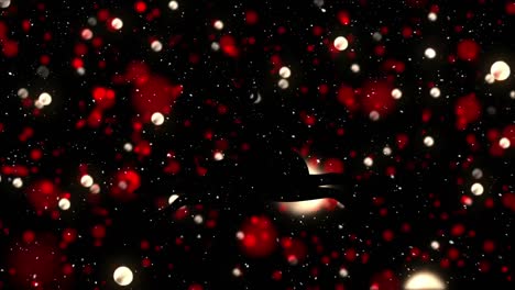 Animation-of-snow-falling-over-reindeer-and-light-spots-on-black-backrgound