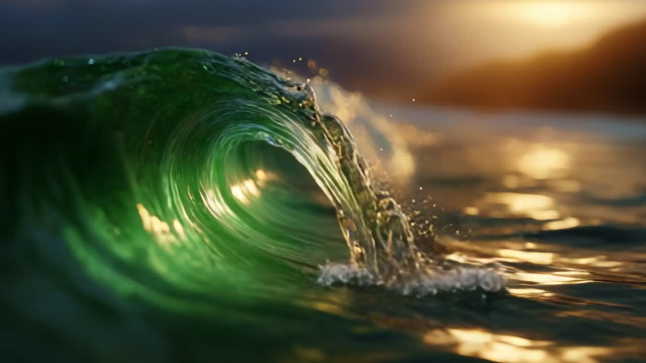 Onda verde affascinante al tramonto: una straordinaria dimostrazione della potenza e della bellezza della natura nelle profondità dell'oceano con acqua scintillante che riflette la luce dorata