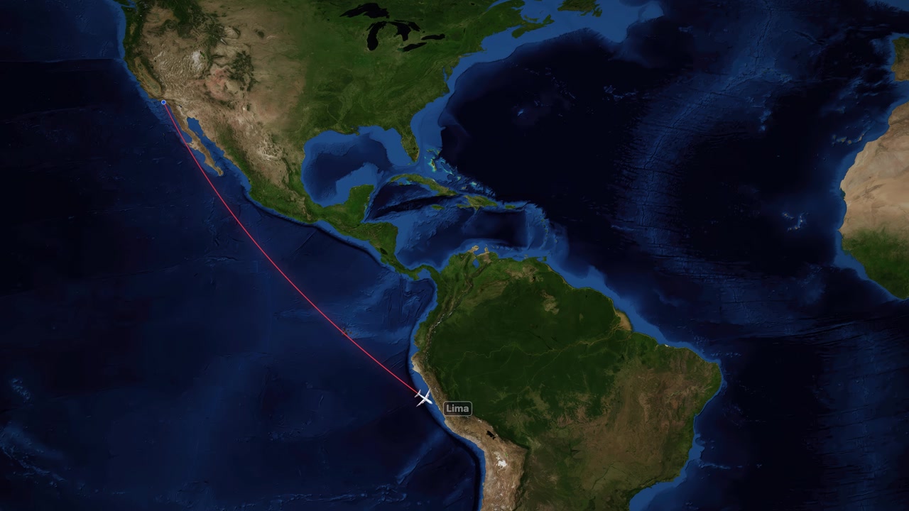 Ruta de vuelo roja animada conecta Los Ángeles y Lima en un mapa mundial satelital