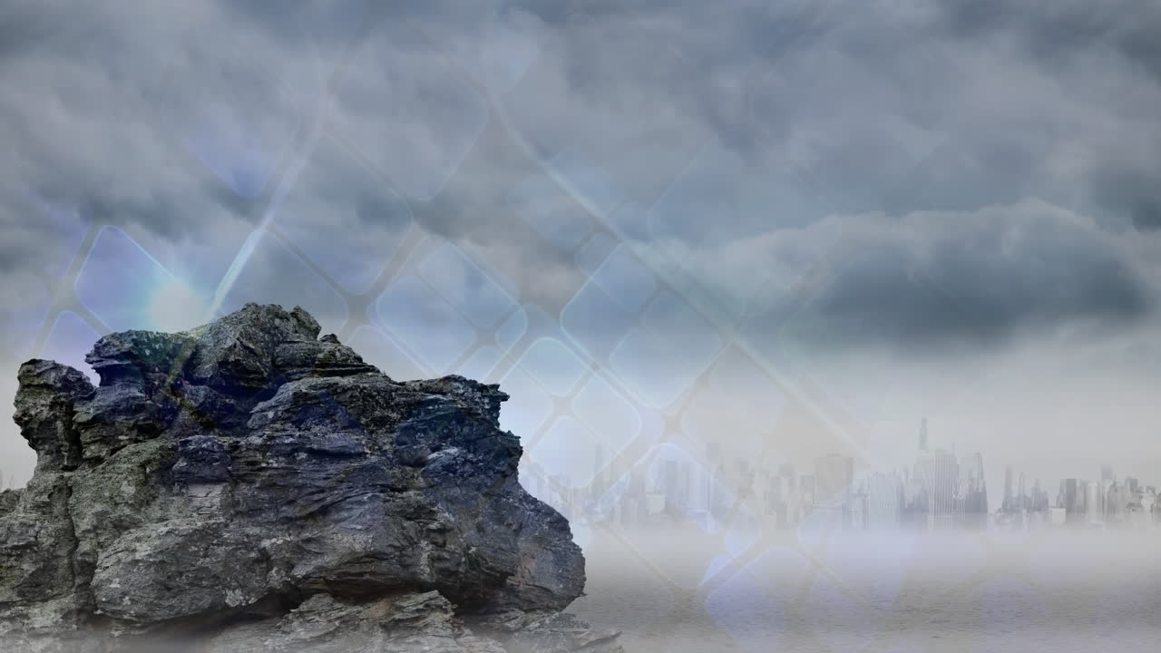 animación del procesamiento de datos sobre la roca y el paisaje urbano