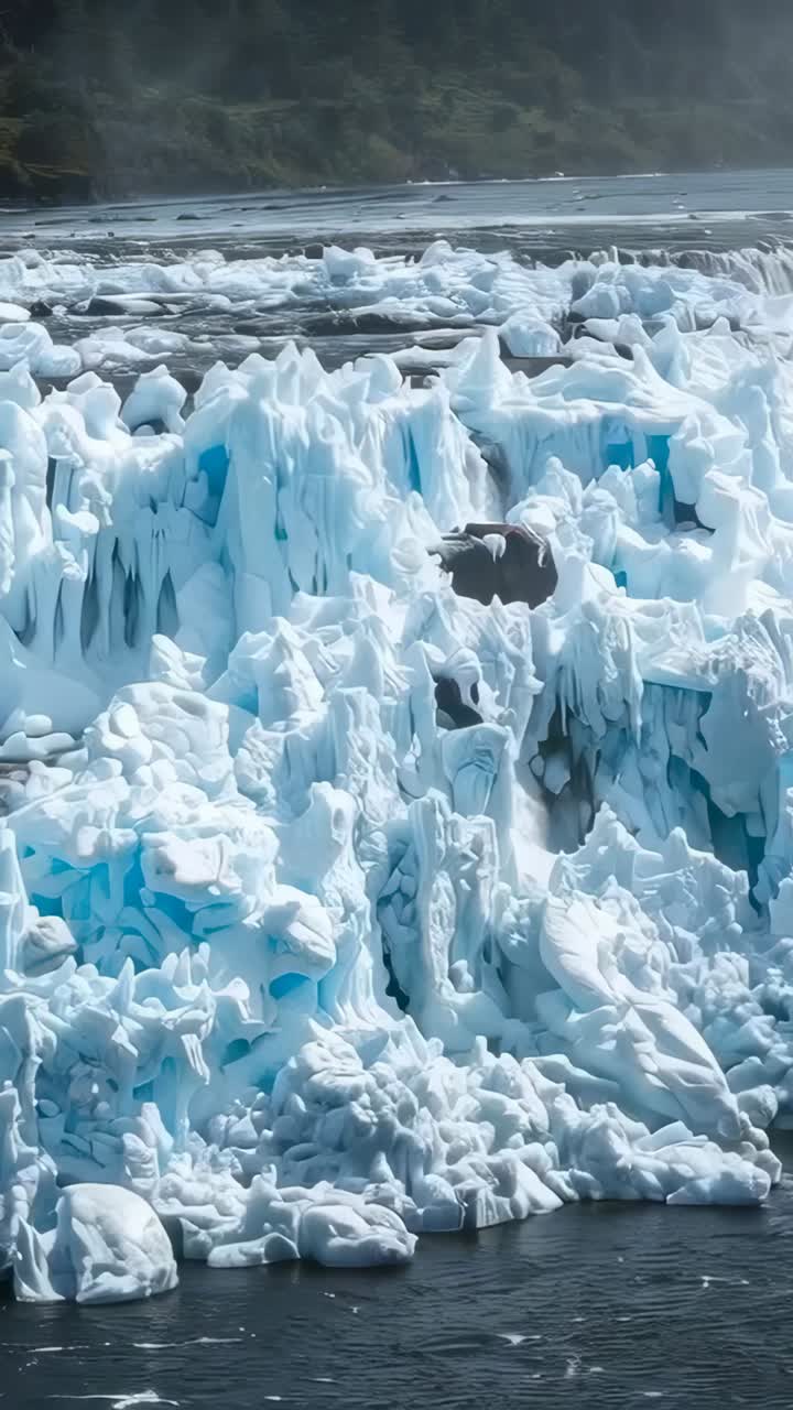 Video verticale: telecamera che scorre alla ricerca di una cascata su un fiume, rivelando formazioni di ghiaccio e spruzzi
