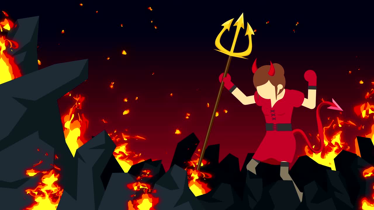 el diablo de dibujos animados volando en el infierno. personaje de negocios en el desierto ardiente. halloween. cosplay. animación aterradora de bucle.