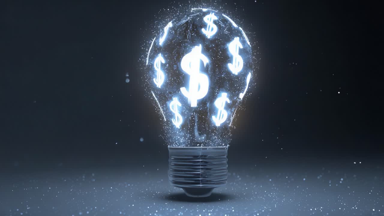 A glowing light bulb filled with sparkling dollar signs, representing innovation, wealth, and financial illumination, set against a dark backdrop emphasizing the bright concept of money and inspiration