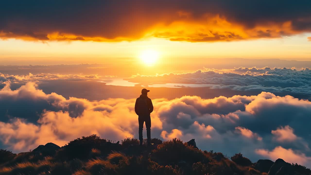 Vistas del atardecer sobre las nubes. Una persona se para en la cima de una montaña y observa el atardecer sobre las nubes. El cielo muestra colores naranja y amarillo.