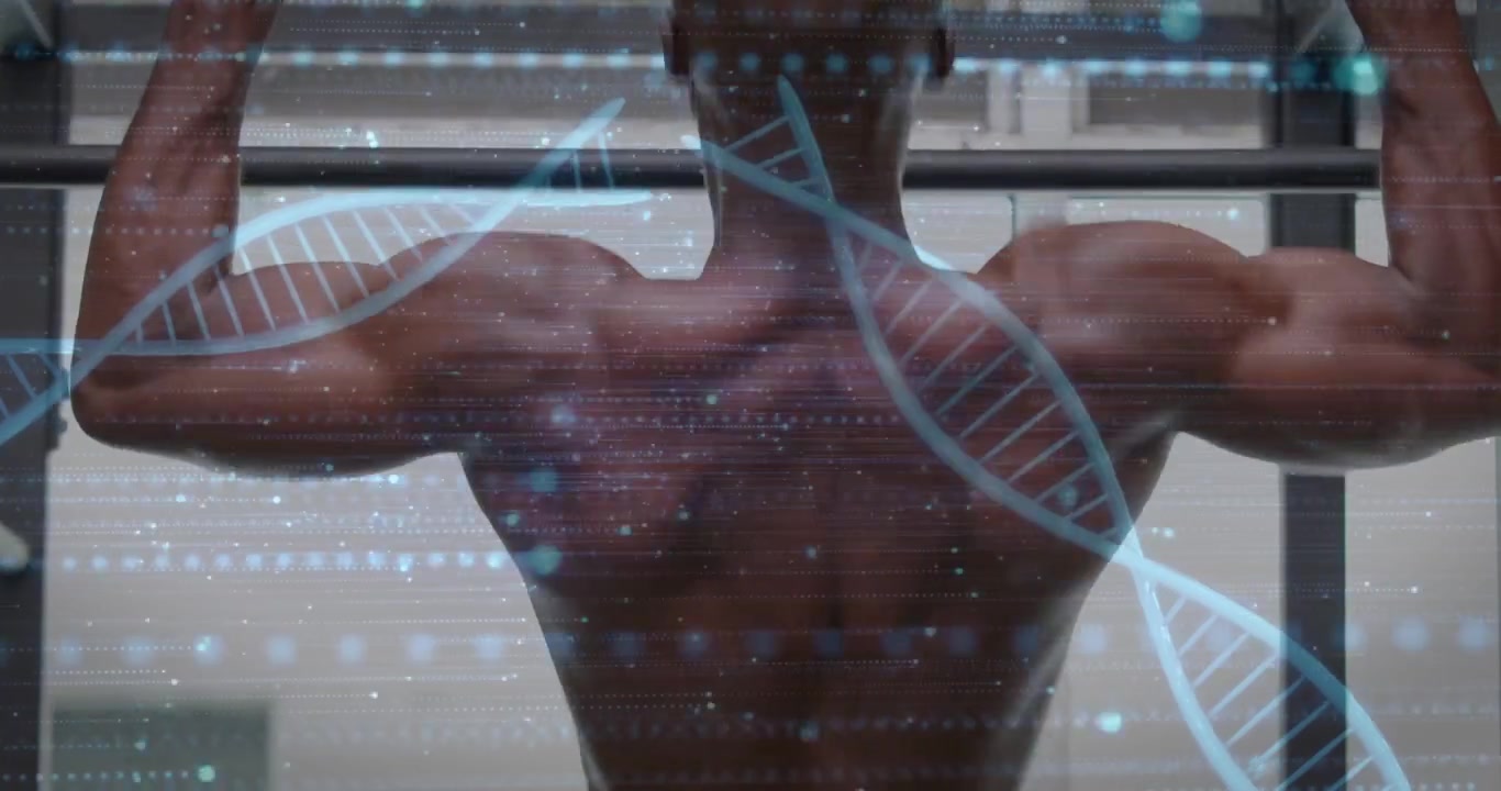 Uomo che afferra una sbarra per trazioni e fa trazioni in palestra, con un'elica di DNA che traccia i muscoli per il fitness.
