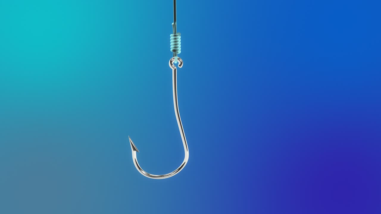 Fishing hook on blue background, phishing concept, financial fraud, data theft