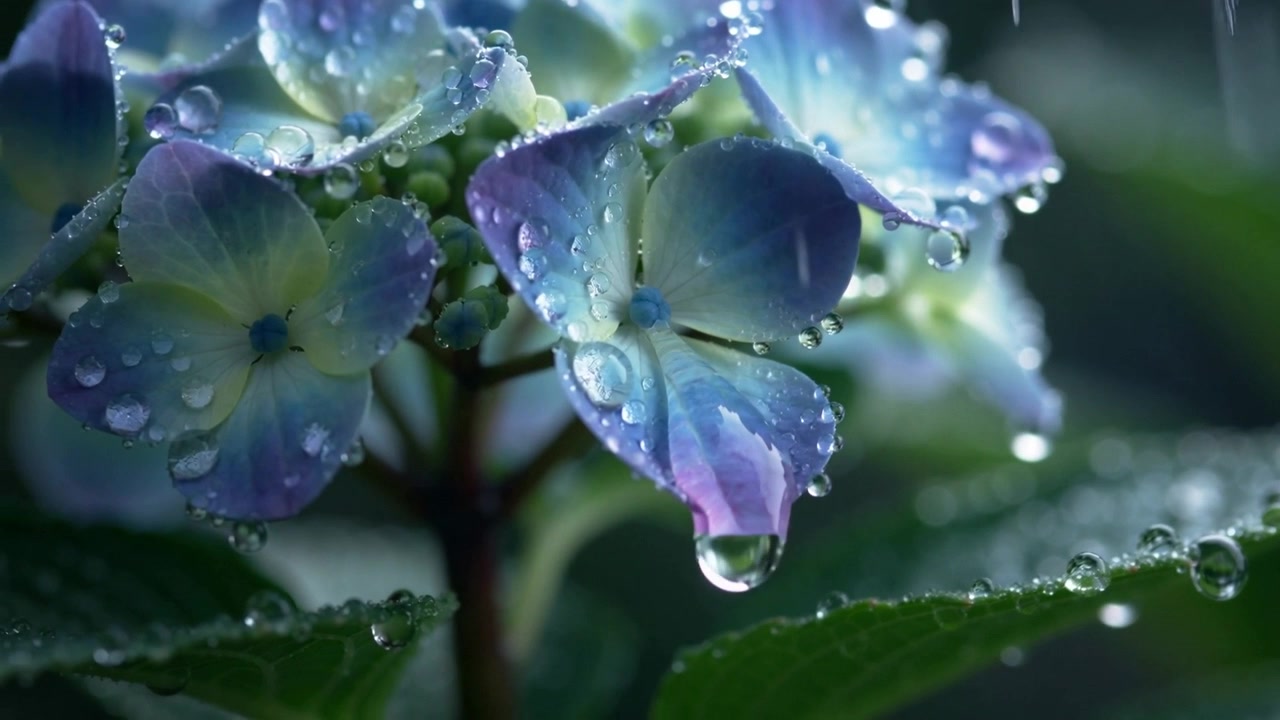 Forming blue-violet hydrangea releasing drop from petal tip during rain to serrated leaf in garden