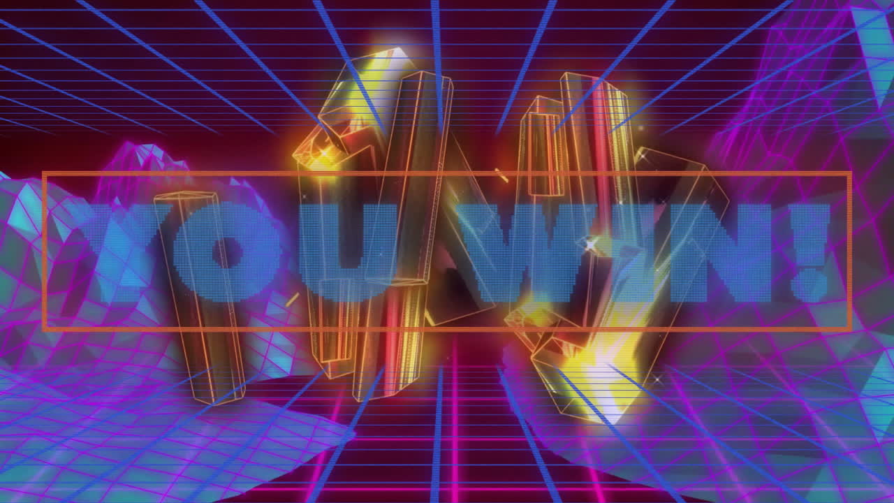 You win text animation over neon geometric shapes and grid background