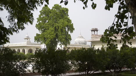 Panning-shot-of-the-garden-of-beautiful-ancient-white-marble-outer-interiors-architectures-of-red-fort-delhi-Panning-shot