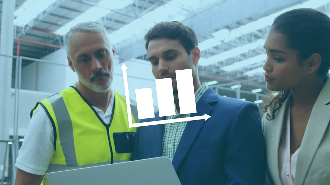 Animation of white bar graph over multiracial coworkers discussing over laptop in warehouse