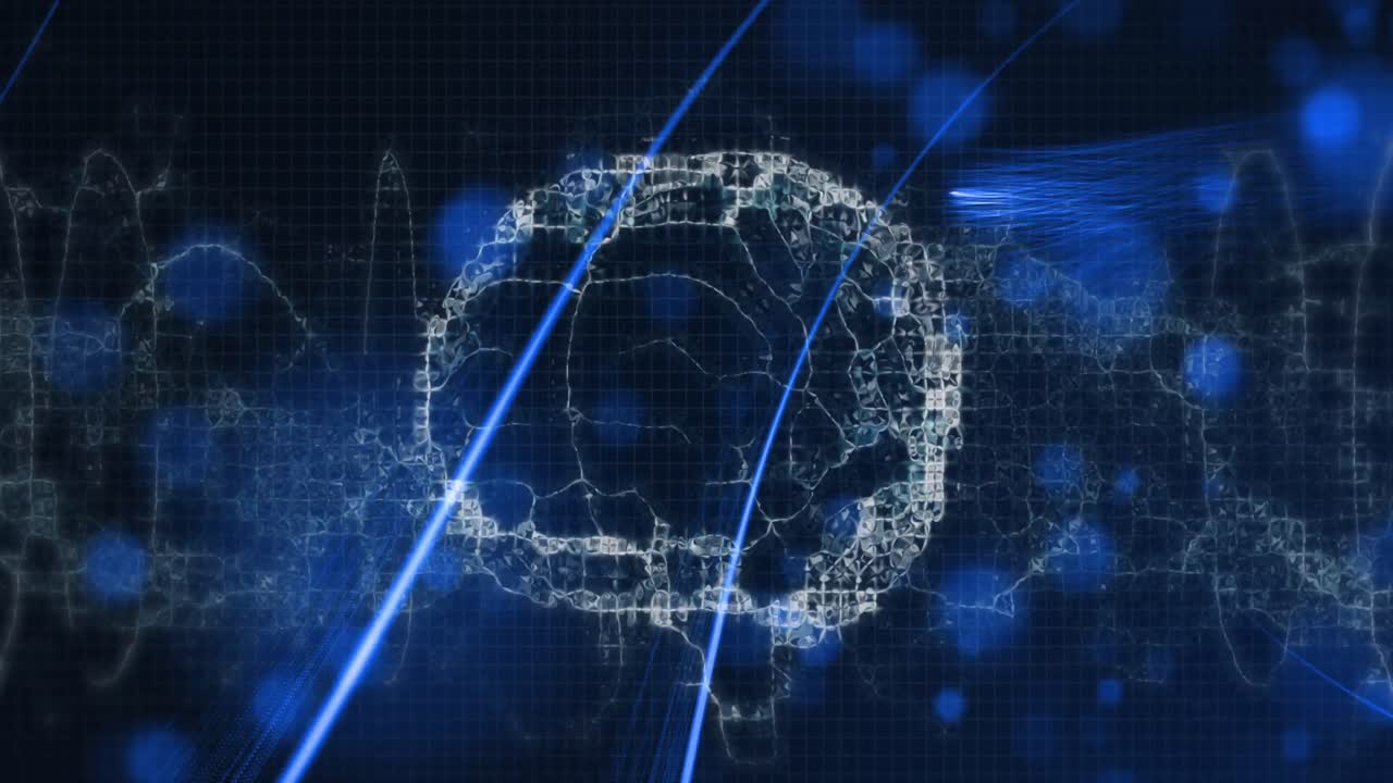 인간의 뇌 위의 디지털 파동 아이콘은 파란색 배경의 파란색 반점에 대한 빛입니다.