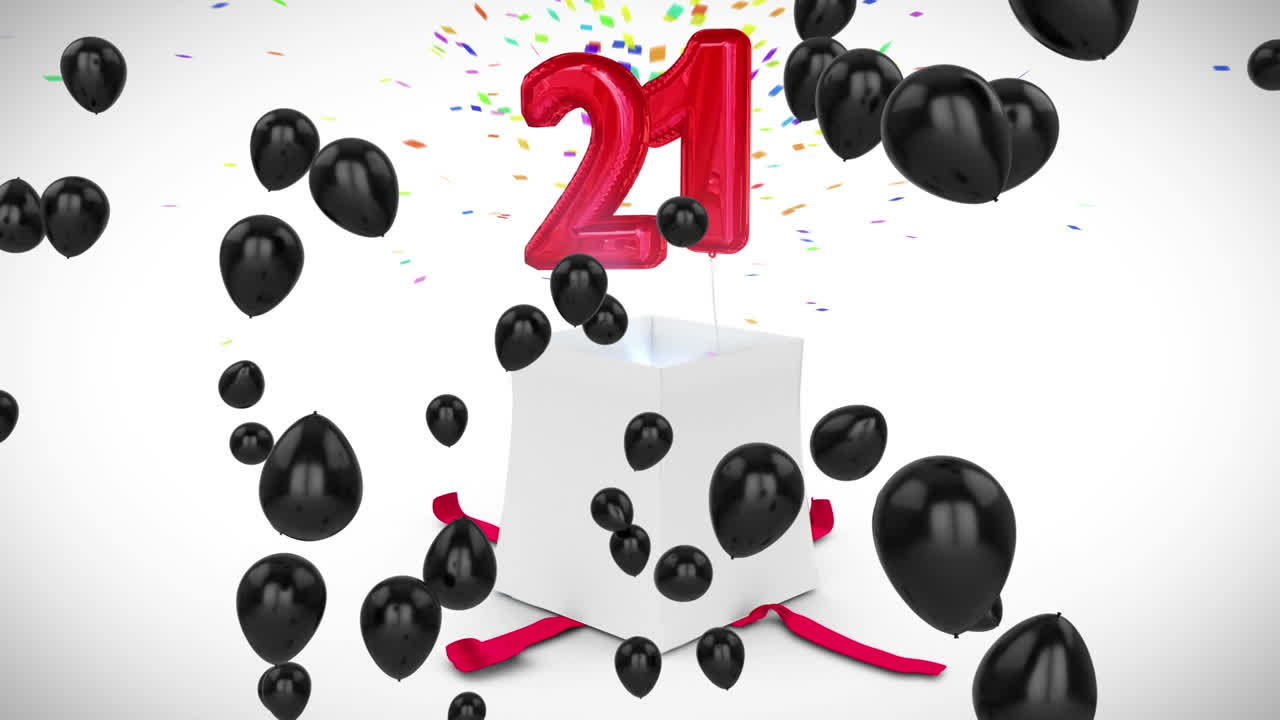 Animazione del testo Buon compleanno sul numero 21, palloncini neri e un regalo su sfondo bianco