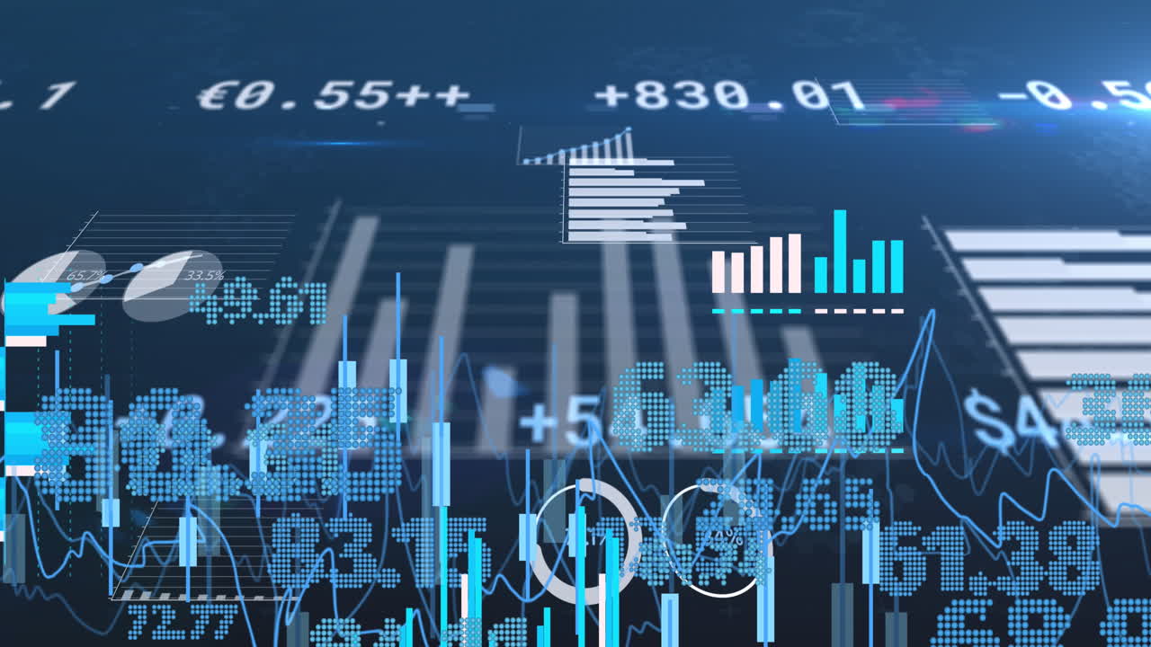 Animation of financial data processing with numbers over blue background