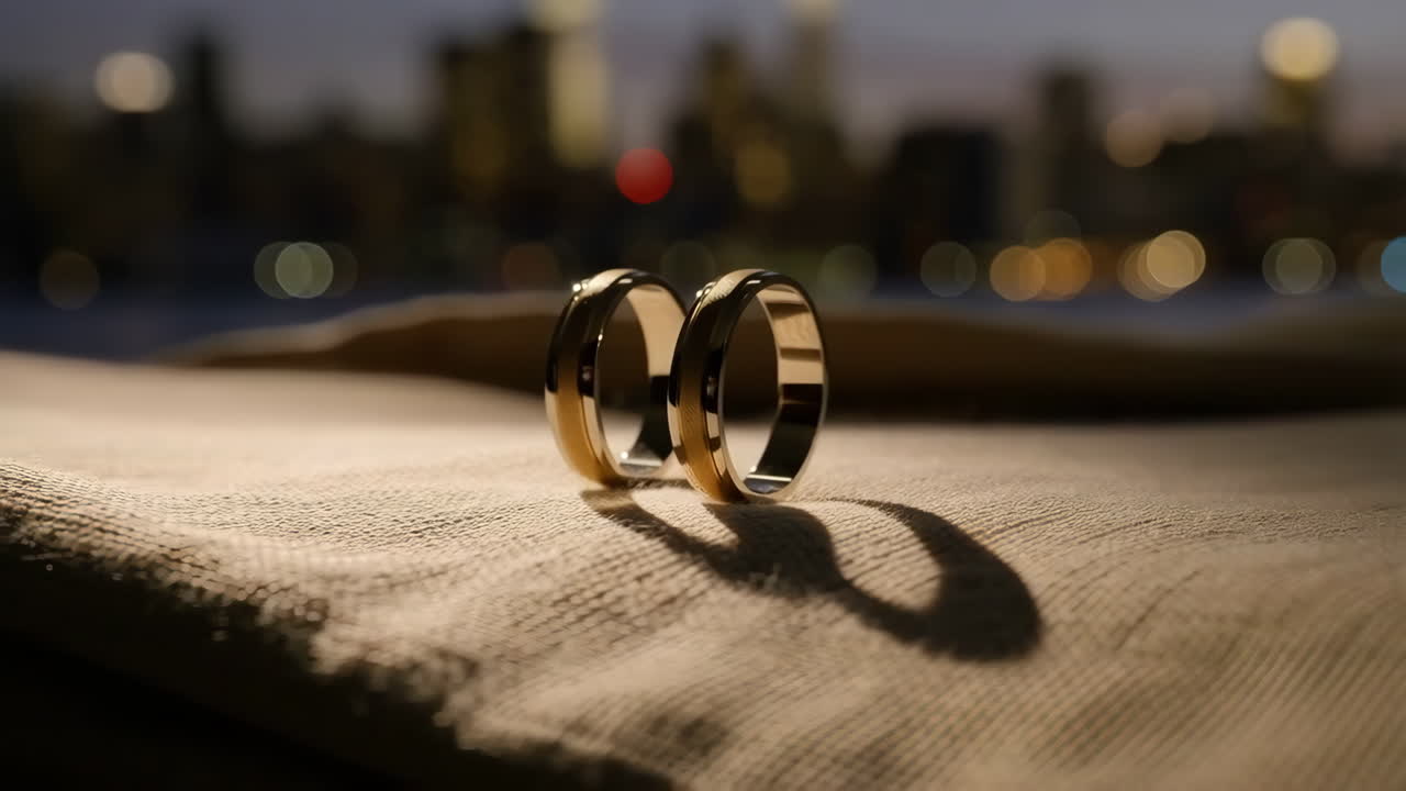 Two Wedding Rings with a City Skyline at Dusk