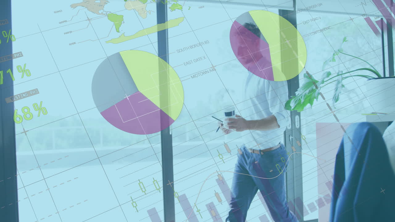 animación de procesamiento de datos estadísticos contra un hombre caucásico con una taza de café caminando en la oficina