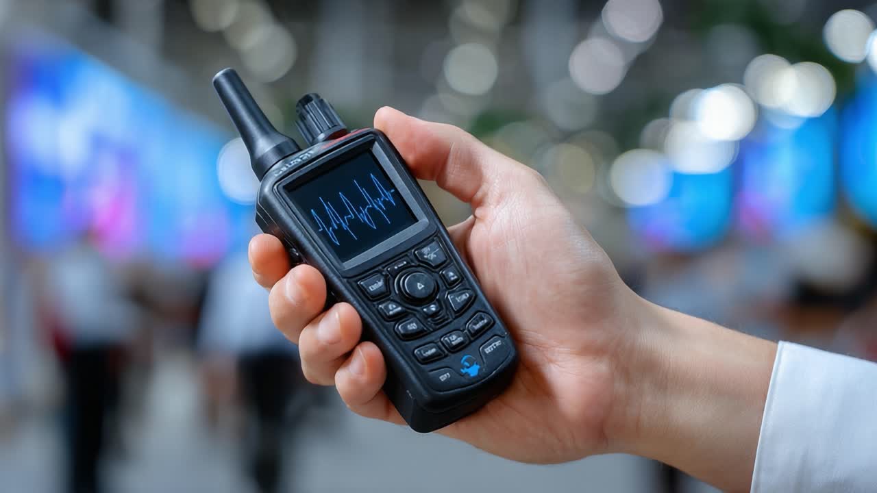 Highlighting a Modern Communication Device: Close-up of a Hand Holding a Handheld Radio with Displayed Data and a Blurred Background of People Interacting
